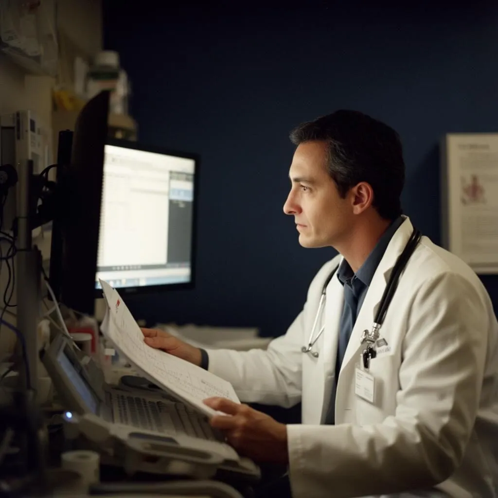 Emergency physician reviewing a patient chart at a clinical workstation