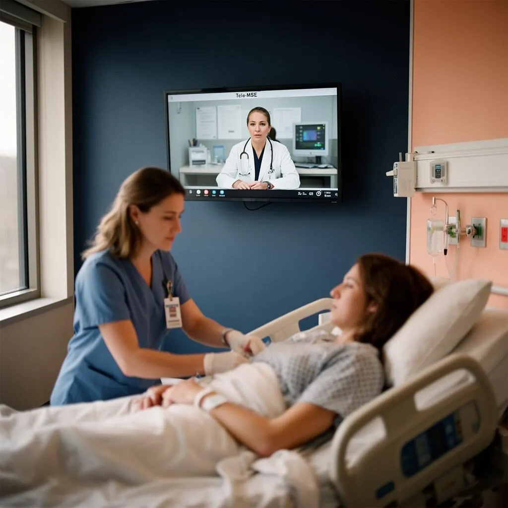 Tele-MSE in progress: virtual emergency physician on screen with bedside RN