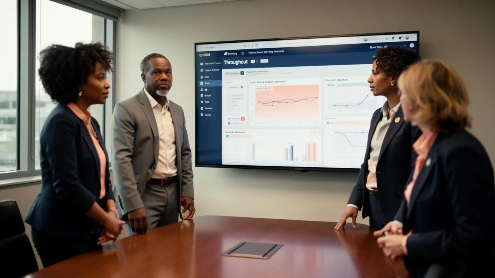 Hospital operations leaders reviewing throughput dashboards in a meeting