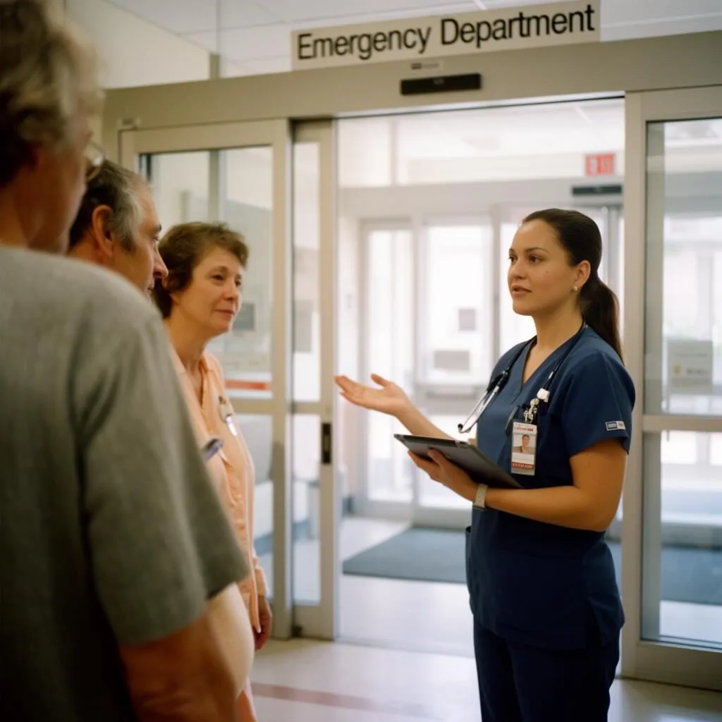 Triage nurse greeting an arriving patient at the emergency department front door