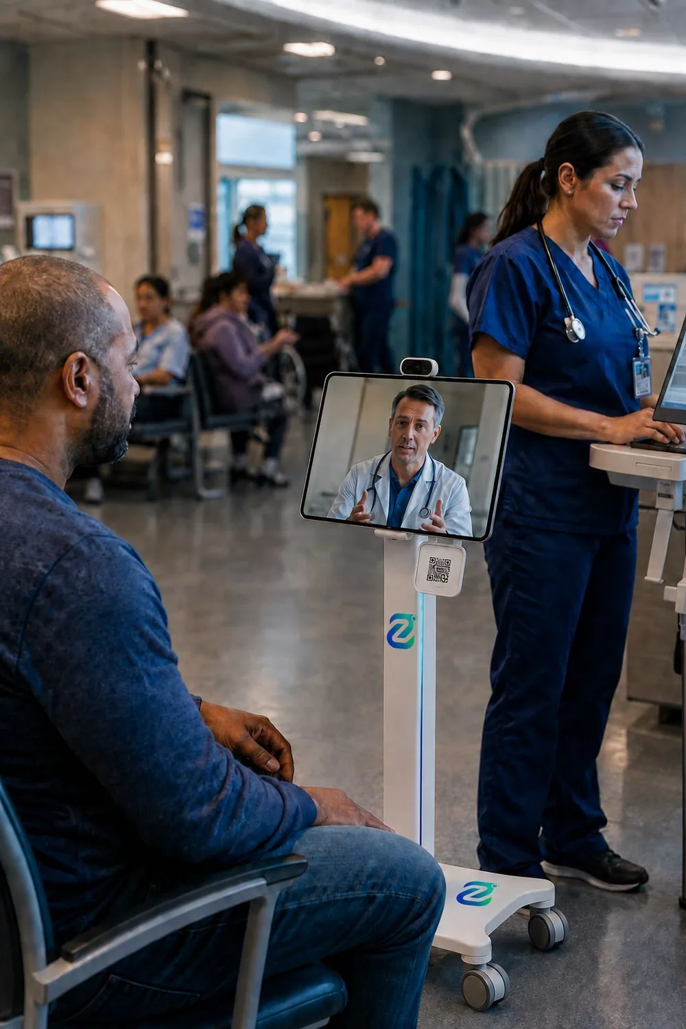 A patient in an emergency department connecting with a remote physician on a Zunoa telehealth cart