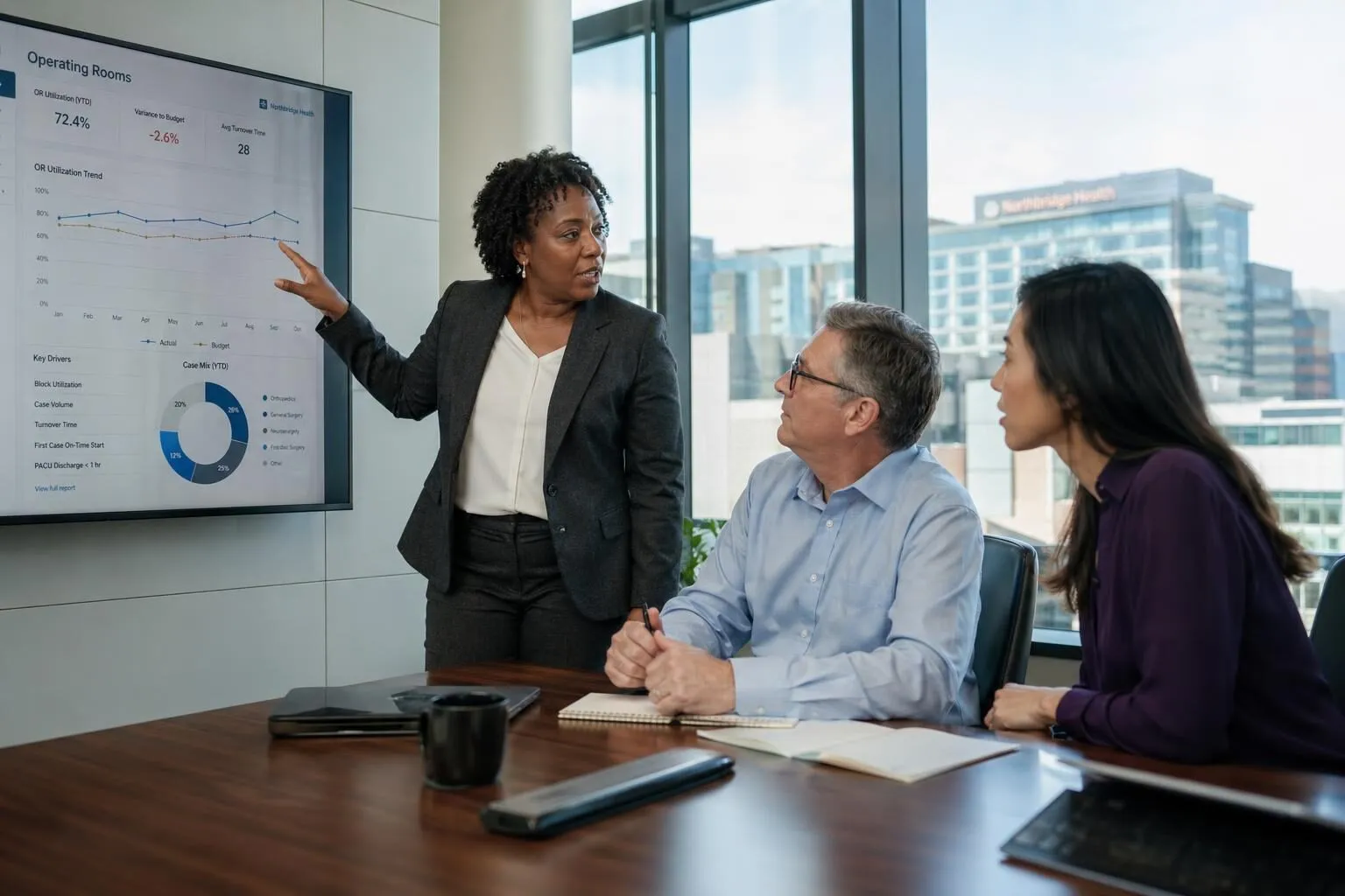 Hospital operations executives reviewing capacity data