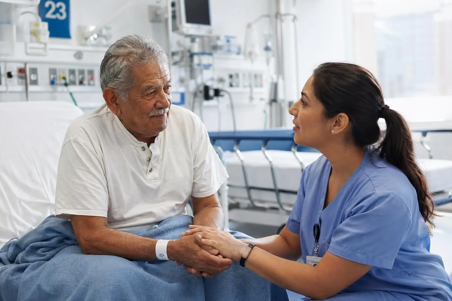 Nurse comforting an elderly patient at the bedside in an emergency department